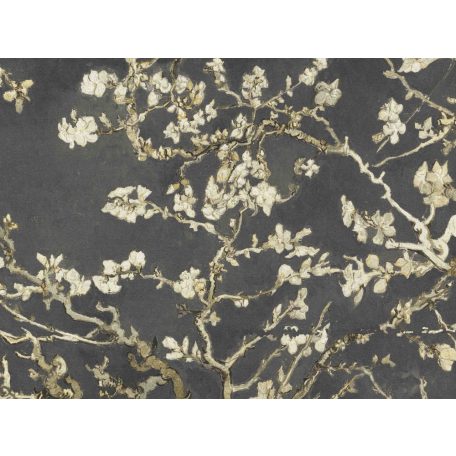 A mester kedvenc motívuma - Virágzó mandulafa fekete törtfehér szürke és aranysárga tónus tapéta