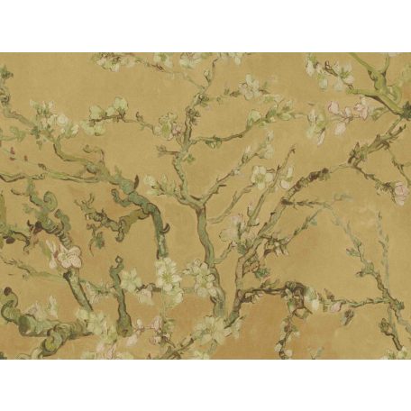 A mester kedvenc motívuma - Virágzó mandulafa okkersárga/tevebarna zöld törtfehér és fuchsia tónus tapéta