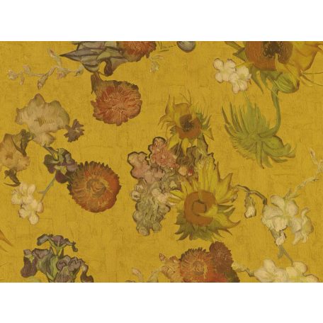 "Napraforgók" és "Íriszek" ihlette eredeti Van Gogh virágminta okkersárga bordó törtfehér lila és piros tónus tapéta
