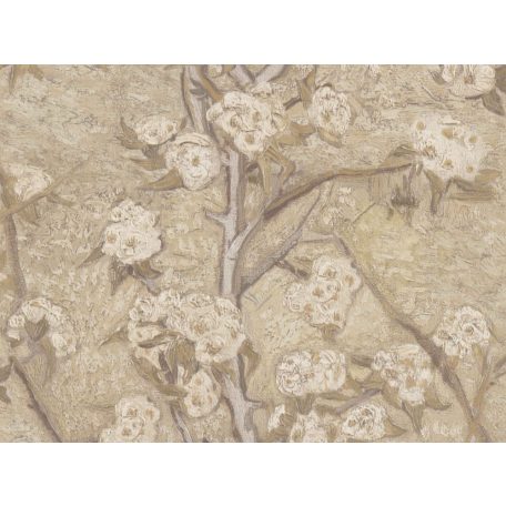 "Pears Blooms" ihlette virágzó körtefa bimbós ágakkal barna tevebarna szürke és törtfehér tónus tapéta