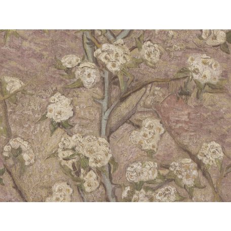 "Pears Blooms" ihlette virágzó körtefa bimbós ágakkal antik rózsaszín bézs bordó és törtfehér tónus tapéta