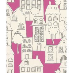   Rasch Kids & Teens II, 503463  Gyerekszobai a város házai világító ablakokkal fehér pink fekete tapéta