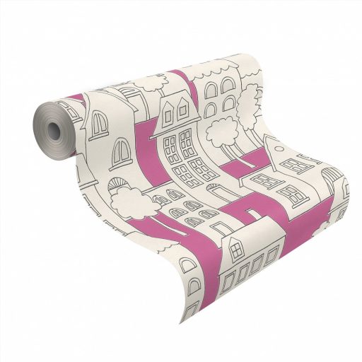 Rasch Kids & Teens II, 503463 Gyerekszobai a város házai világító ablakokkal fehér pink fekete tapéta