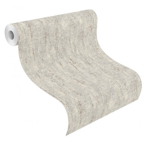 Loft hangulatú texturált vakolatminta szürke tónusok fémes réz kiemelés tapéta