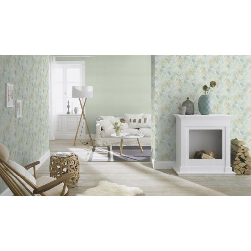 Geometrikus Vintage rombuszminta durva textil háttéren szürkésfehér kék arany  kiemelés tapéta