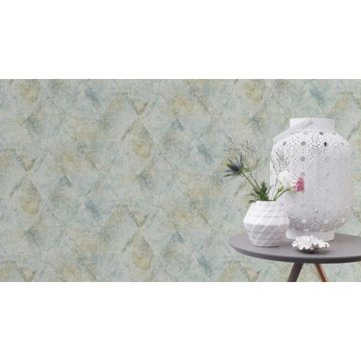 Geometrikus Vintage rombuszminta durva textil háttéren szürkésfehér kék arany  kiemelés tapéta