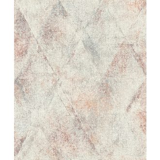   Geometrikus Vintage rombuszminta durva textil háttéren bézs szürke piros fémes réz kiemelés tapéta