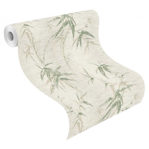 Bambuszmotívum természetes szépségében texturált háttéren törtfehér bézs zöld ezüst tapéta