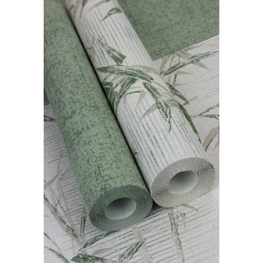 Bambuszmotívum természetes szépségében texturált háttéren törtfehér bézs zöld ezüst tapéta