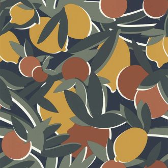   Lutece California Nostalgie 51200601 AGRUMES BLEU et JAUNE Natur Stilizált naív citrusok kék zöld sárga narancs fehér tapéta