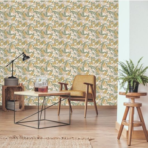 Lutece California Nostalgie 51200607 AGRUMES JAUNE BEIGE Natur Stilizált naív citrusok bézs sárga zöld fehér tapéta