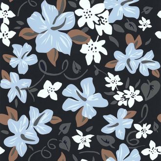   Lutece California Nostalgie 51200701 HAWAI BLEU MARINE Natur Virágos stilizált szirmok antracit világoskék fehér barna khaki finom csillogás tapéta