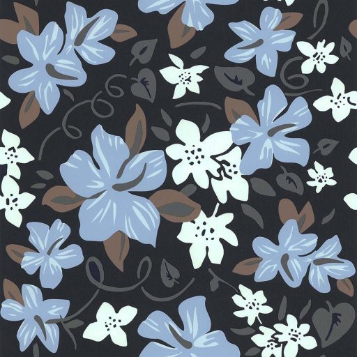 Lutece California Nostalgie 51200701 HAWAI BLEU MARINE Natur Virágos stilizált szirmok antracit világoskék fehér barna khaki finom csillogás tapéta