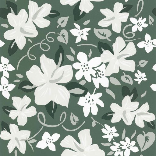 Lutece California Nostalgie 51200704 HAWAI KHAKI Natur Virágos stilizált szirmok zöld világosszürke fehér sötétzöld finom csillogás tapéta