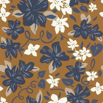   Lutece California Nostalgie 51200711 HAWAI BLEU NOISETTE Natur Virágos stilizált szirmok mogyoróbarna kék árnyalatok bézs fehér finom csillogás tapéta