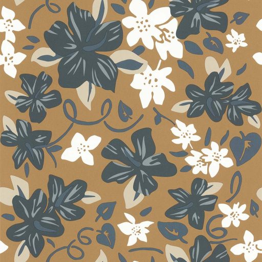 Lutece California Nostalgie 51200711 HAWAI BLEU NOISETTE Natur Virágos stilizált szirmok mogyoróbarna kék árnyalatok bézs fehér finom csillogás tapéta