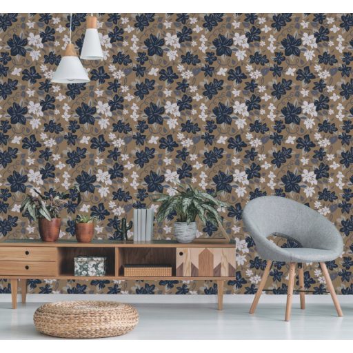 Lutece California Nostalgie 51200711 HAWAI BLEU NOISETTE Natur Virágos stilizált szirmok mogyoróbarna kék árnyalatok bézs fehér finom csillogás tapéta