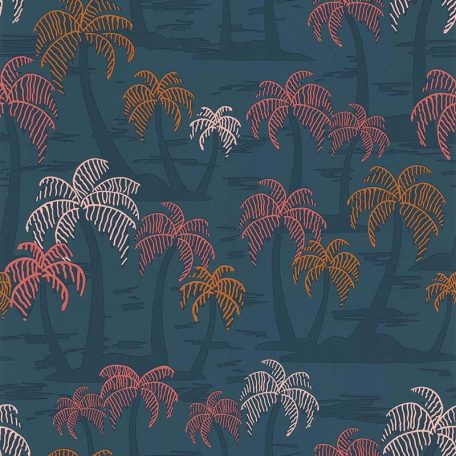 Lutece California Nostalgie 51200901 PALMIER FOND BLEU Natur trópusi stilizált pálmafák kék árnyalatok bézsarany korall aranysárga tapéta