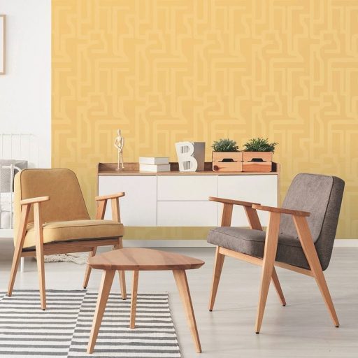 Lutece California Nostalgie 51201102 GEOMETRIQUE JAUNE Geometrikus nagyformátumú labirintus minta sárga árnyalatok tapéta