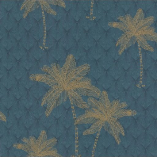 Lutece Jardin d'Eden 51202701 PALMIER Natur Trópusi geometrikus art deco háttéren pálmafák kék árnyalatok arany tapéta
