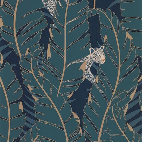 Lutece Jardin d'Eden 51202801 PANTHÉRE CACHÉE BLEU Natur trópusi pálmalevelek között rejtőző párducok kék zöld bézs tapéta
