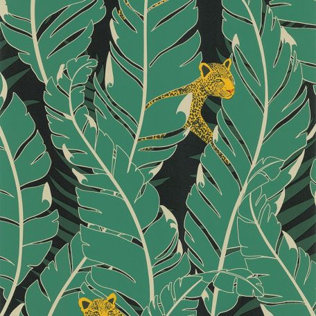 Lutece Jardin d'Eden 51202804 PANTHÉRE CACHÉE VERT Natur trópusi pálmalevelek között rejtőző párducok éjkék zöld arany tapéta