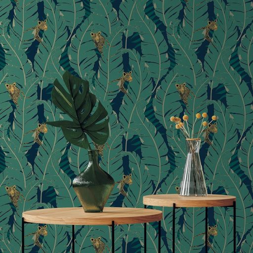 Lutece Jardin d'Eden 51202804 PANTHÉRE CACHÉE VERT Natur trópusi pálmalevelek között rejtőző párducok éjkék zöld arany tapéta