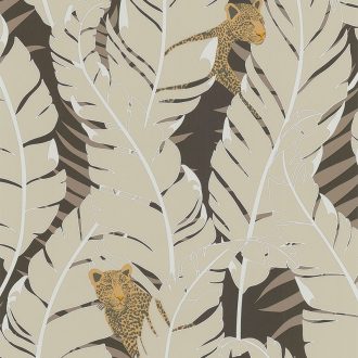   Lutece Jardin d'Eden 51202808 PANTHÉRE CACHÉE BEIGE Natur trópusi pálmalevelek között rejtőző párducok bézs barna arany tapéta