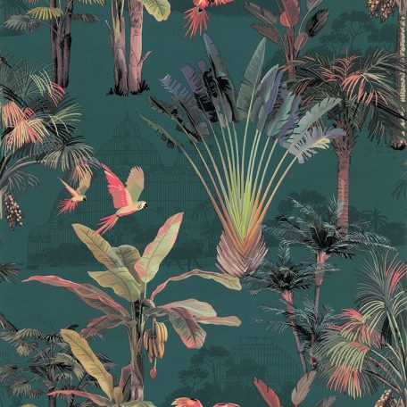 Lutece Jardin d'Eden 51203314 JALAPA VERT EMERAUDE Botanikus Trópusi dzsungel papagájokkal smaragdzöld szines tapéta