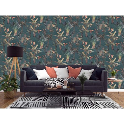 Lutece Jardin d'Eden 51203314 JALAPA VERT EMERAUDE Botanikus Trópusi dzsungel papagájokkal smaragdzöld szines tapéta