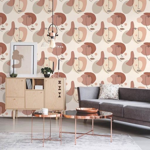 Naív portré - Absztrakt művészi grafika krém piros/vörösesbarna rózsaszín szines tapéta