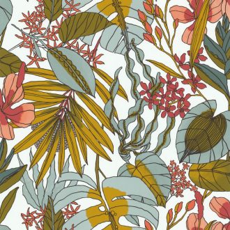   Élő flóra - botanikus minta trópusi indák levelek virágok fehér mustársárga türkizzöld szines tapéta