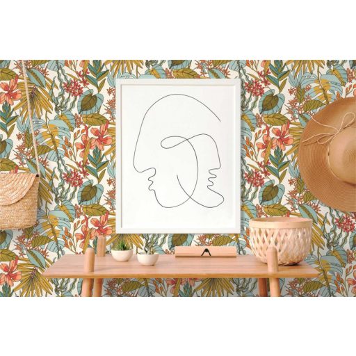 Élő flóra - botanikus minta trópusi indák levelek virágok fehér mustársárga türkizzöld szines tapéta