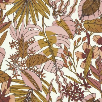   Élő flóra - botanikus minta trópusi indák levelek virágok fehér rózsaszín okkersárga szines tapéta