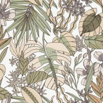   Élő flóra - botanikus minta trópusi indák levelek virágok krémfehér bézs lágy zöld szines tapéta