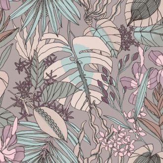   Élő flóra - botanikus minta trópusi indák levelek virágok rózsaszín kék lila szines tapéta