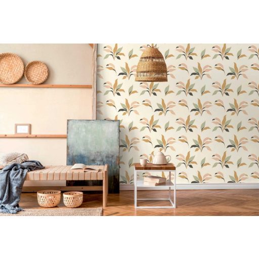 Naív levelek grafikus művészi ábrázolásban krém rózsaszín nyerszín zöld fekete tapéta