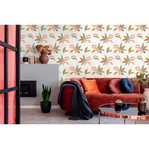 Naív levelek grafikus művészi ábrázolásban krém barack mustársárga zöld tapéta