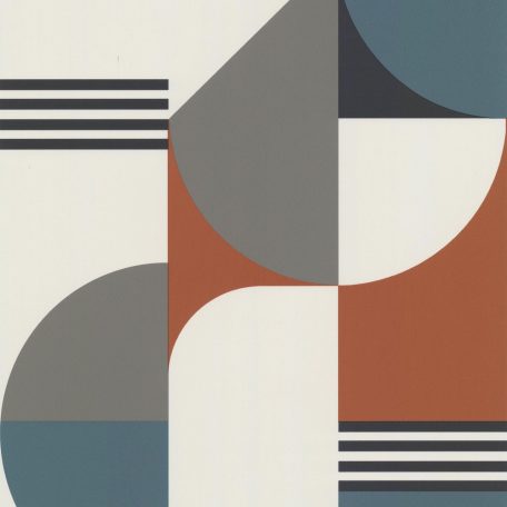Bauhaus ihletésű ívelt geometrikus minta krémfehér kék szürke téglaszín tapéta