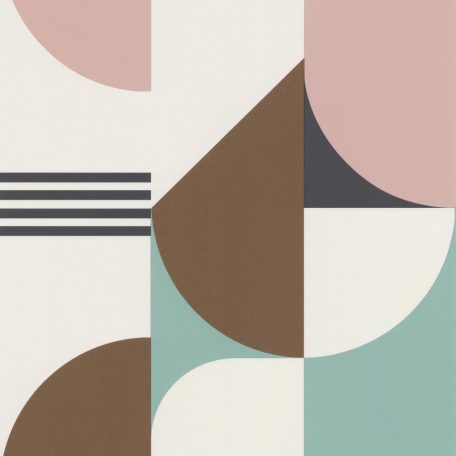 Bauhaus ihletésű ívelt geometrikus minta krém zöld rózsaszín barna tapéta