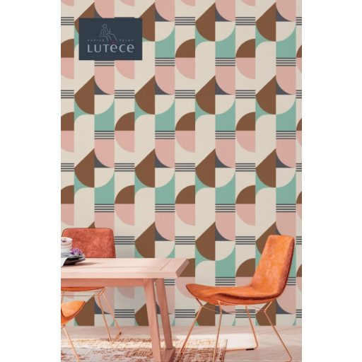 Bauhaus ihletésű ívelt geometrikus minta krém zöld rózsaszín barna tapéta