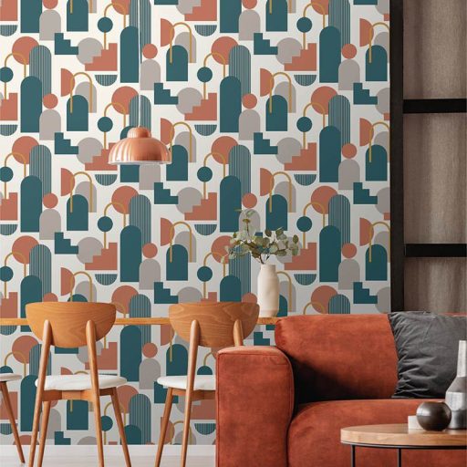 Ívelt formákból álló geometriai minta - boltívtől a teljes körig krémfehér smaragdzöld téglavörös arany tapéta