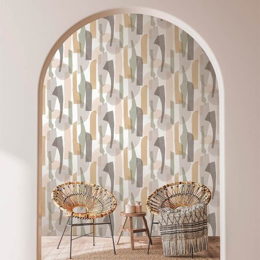 Absztrakt kollázs minta krémfehér szürke zsályazöld bézs tapéta