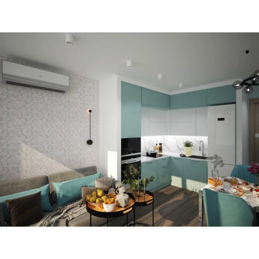 Ágak levelek sziluettje grafikus minta krém vízzöld tapéta