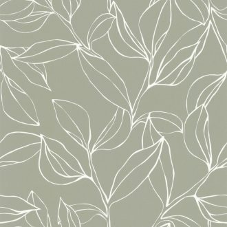   Ágak levelek sziluettje grafikus minta szürkészöld krémfehér tapéta