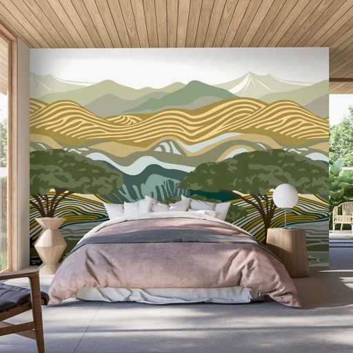 Kortárs ábrázolású szavannai táj a zöld oázis felől kies panoráma fehér zöld okker barna kék és petrol tónus falpanel