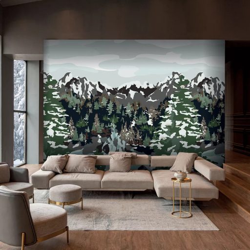Természeti Camouflage! Terepszínbe bújtatott zord hegyvidéki táj panoráma zöld barna jégkék fehér és szürke tónus falpanel