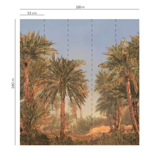Kortárs ábrázolású pálmaliget panoráma lenyűgöző színekkel zöld kék barna és okkersárga tónus falpanel