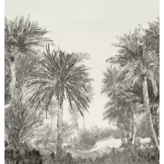   Kortárs ábrázolású pálmaliget panoráma monokróm színekben szürke fekete fehér és ecru tónus falpanel