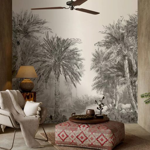 Kortárs ábrázolású pálmaliget panoráma monokróm színekben szürke fekete fehér és ecru tónus falpanel